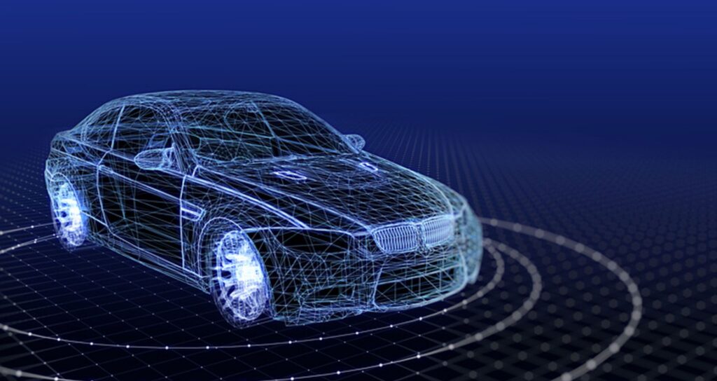 A transparent 3d wireframe model of a car