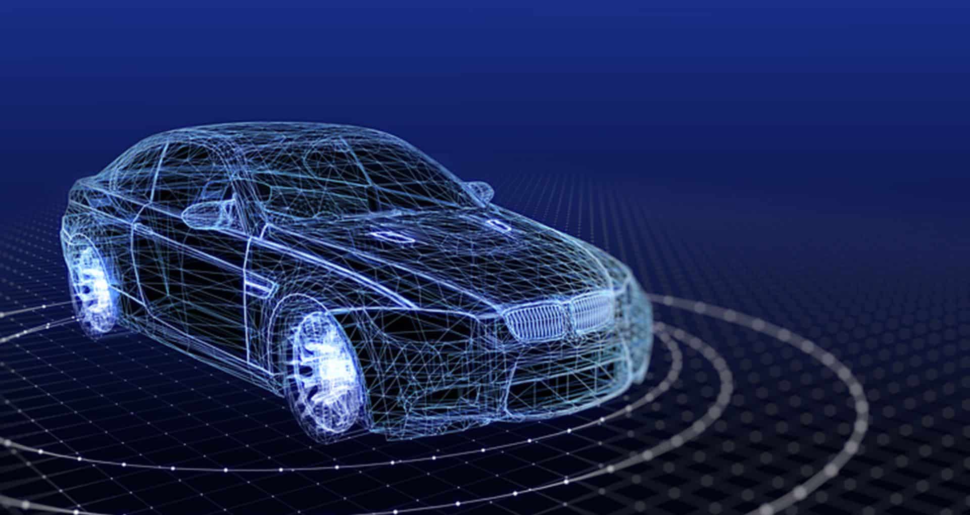 A transparent 3d wireframe model of a car