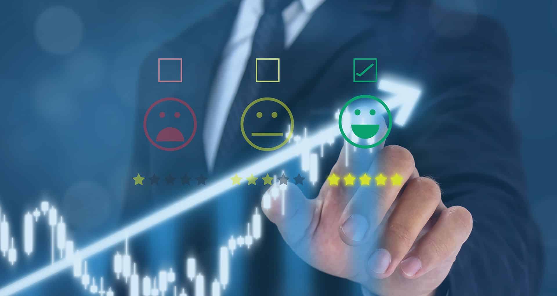 A man in a suit indicating the most positive option in a satisfaction survey