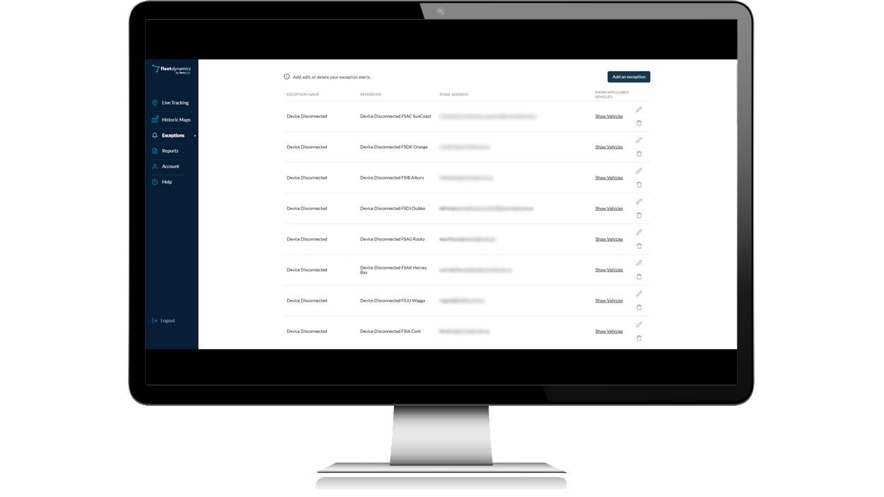 Example of the Fleetdynamics Portal live tracking showing a list of connected devices and their associated vehicles