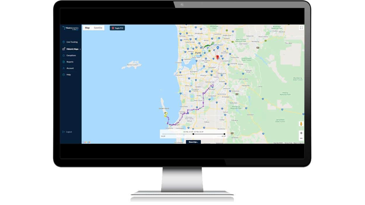 Example of the Fleetdynamics Portal live tracking showing the GPS route from Canning Vale to Garden Island in Perth, WA