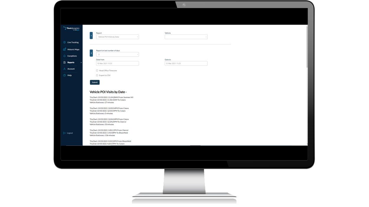 Example of the Fleetdynamics Portal showing the UI for monitoring reports
